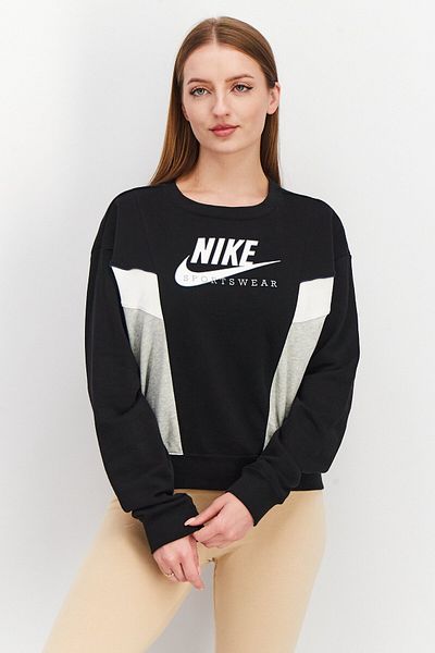Nike Women Round Neck Long Sleeve Brad Logo Printed Sweatshirt, Black/Grey