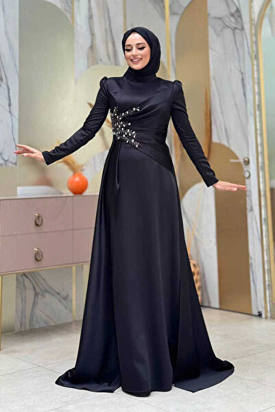 Bym Fashion Taş Detaylı Saten Abiye 7027 Siyah