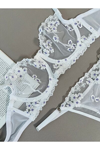 kiari Σετ εσωρούχων με λευκό λουλουδάτο σχέδιο χωρίς καπάκι με επένδυση από μεταξωτό βαμβάκι