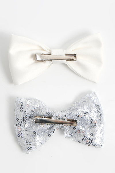 lilico Girl's 2-Piece Silver White Sequin Matte Satin Bow Tie Clip Buckle