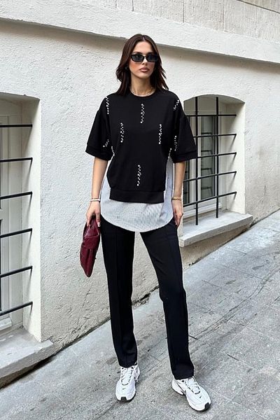 Ded COLLECTION Women's Pearl Embroidery Striped Shirt Detailed Round Neck Short Sleeve Modal Suit