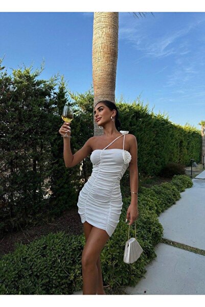Pinella Butik Drapeli Gül Mini Elbise 1114 - Beyaz