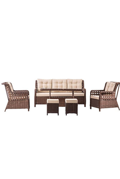 Perlasee Doğal Hasır Görünümlü Bahçe Balkon Oturma Grubu 6 Parça – (3+1+1+mas...
