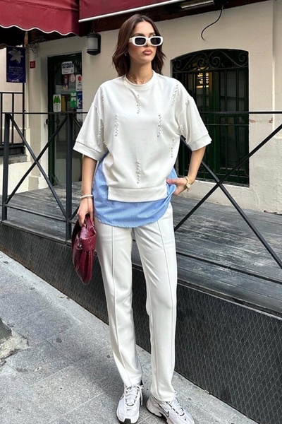 Ded COLLECTION Women's Pearl Embroidery Striped Shirt Detailed Round Neck Short Sleeve Modal Suit