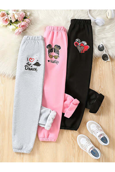 MORNİNG KİDS Kız Çocuk 3'lü Paket KidLife Baskılı 2 İplik Şardonlu Eşofman Altı