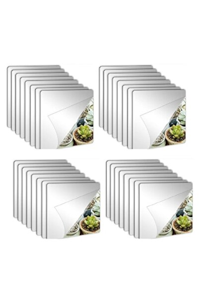 eZmart Set 32 Oglinzi Decorative Acrilice Autoadezive, Model Patrat, Argintiu, 15x15 cm,