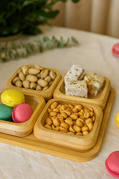 İnterlife Original Bamboo Set of 4 Square Snack Bowl with Stand Presentation ...