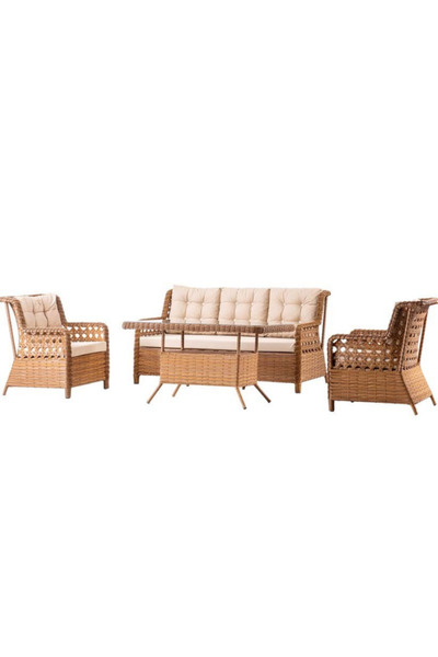 Perlasee Doğal Hasır Görünümlü Bahçe Balkon Oturma Grubu 6 Parça – (3+1+1+mas...