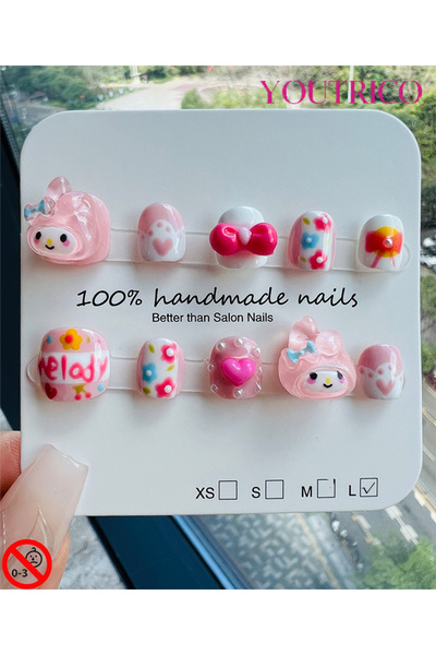 Youtrico Kids Press-on Nails - 100% Handmade Non-Toxic Safe for Ages 3+ Cute Green Kids' Fake Nails-L