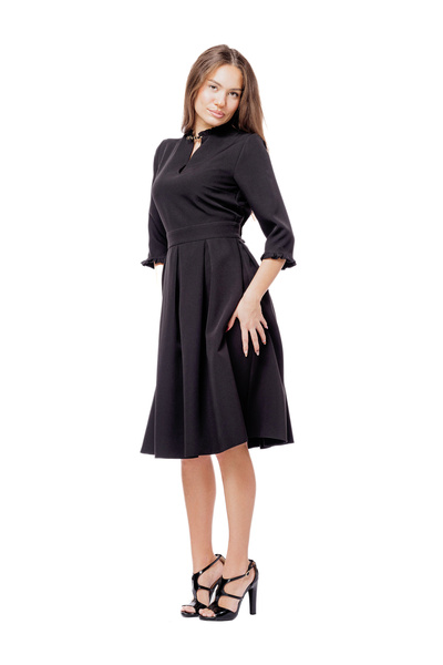 AD Fashion Elegant black midi dress with polka dots, with 3/4 sleeves AD Fashion