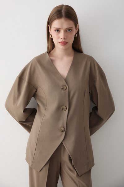 JASTE Women's Khaki V Neck Button down Jacket & Elastic Waist Pants Bottom & Top Set