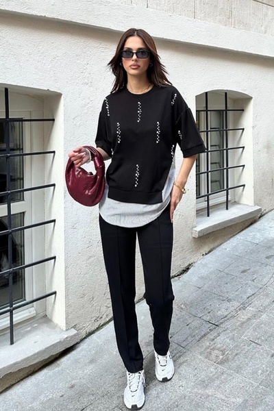 Ded COLLECTION Women's Pearl Embroidery Striped Shirt Detailed Round Neck Short Sleeve Modal Suit