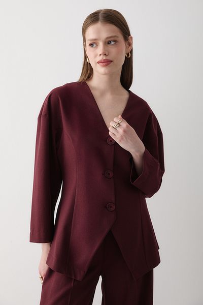JASTE Women's Burgundy V Neck Button Jacket & Elastic Waist Pants Bottom & Top Set