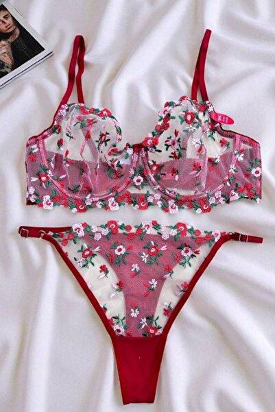 Moldina Plus Size Red Green Floral Brode Bra Set New Year Valentine's Day