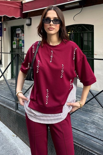 Ded COLLECTION Women's Pearl Embroidery Striped Shirt Detailed Round Neck Short Sleeve Modal Suit