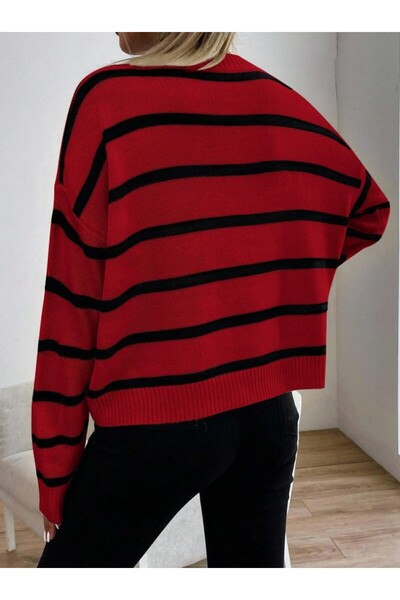 Dier Moda Women's Single Plate White Striped Knitwear Sweater, Striped Sweater Fmoda1500
