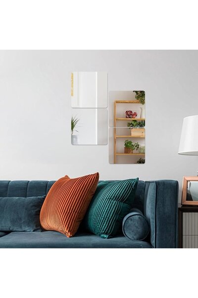 eZmart Set de 4 oglinzi decorative autoadezive din acril, model pătrat, argintiu, 15x15 cm