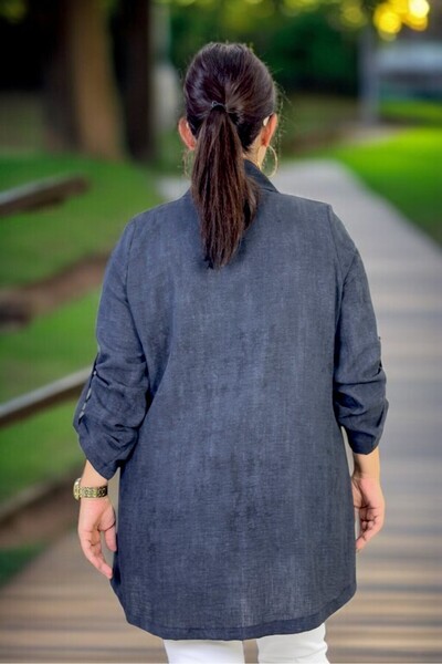 yagmurberen Short Sleeve Stone Cycling Collar Bluz Foldable Sleeve Shawl Collar Organic Linen Fabric Jacket Double Set