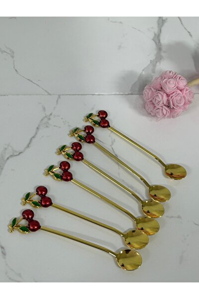 UK HOME ACCESSORIES Altın Renk Kiraz Saplı 6’lı Sunum ve Kahve Kaşığı Seti