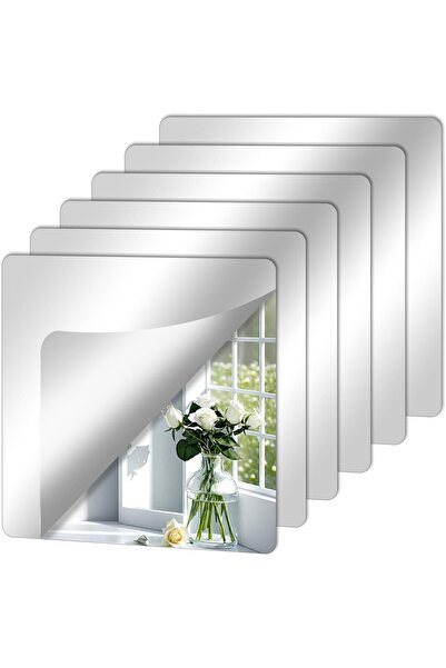 eZmart Set 6 Oglinzi Decorative Acrilice Autoadezive, Model Patrat, Argintiu, 15x15 cm,