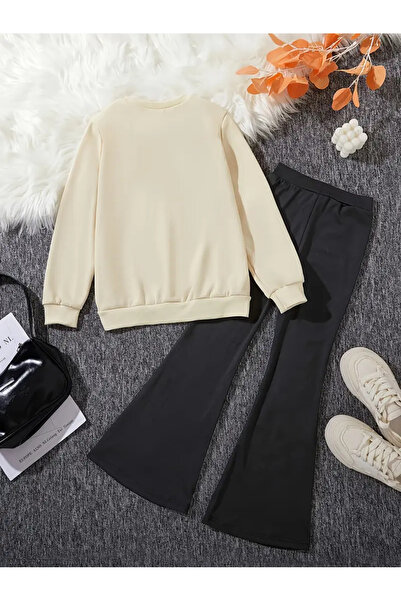 MORNİNG KİDS Lány pillangómintás bézs színű, nyakú pulóver-spanyol szárú leggings szett