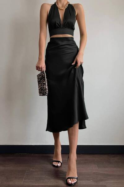 FioriModa Elastic Waist Midi Length Satin Skirt
