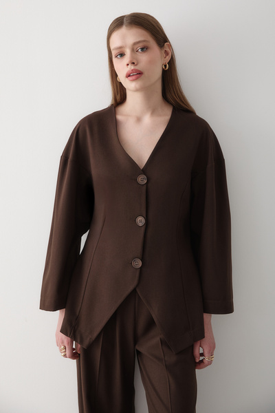 JASTE Women's Bitter Coffee V-Neck Button Jacket & Elastic Waist Pants Bottom & Top Set