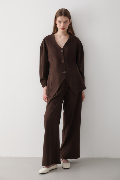 JASTE Women's Bitter Coffee V-Neck Button Jacket & Elastic Waist Pants Bottom & Top Set