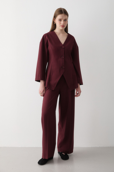 JASTE Women's Burgundy V Neck Button Jacket & Elastic Waist Pants Bottom & Top Set