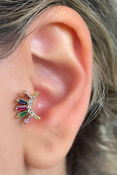 TAKIŞTIR Altın Renk Taş Detaylı Çelik Tragus/Kıkırdak Küpe/Piercing (Tek)