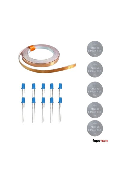 Fapatech Bakır Folyo İletken Bant ,Cr2032 Lityum Pil ,5mm LED Mavi Seti – Kağıttan Devre Kit