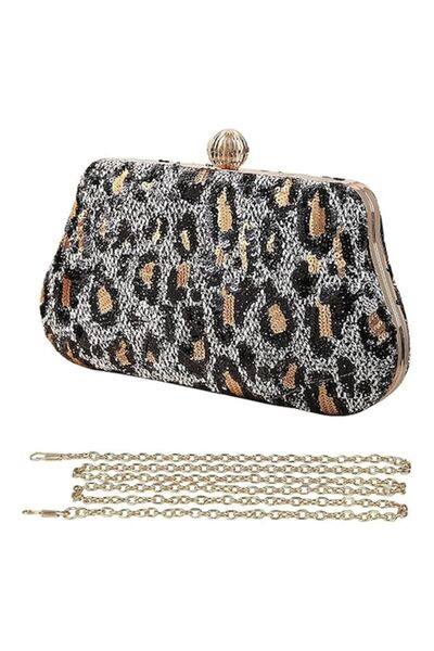 One Derya Occasion Clutch Bag, Sequined Leopard, Vintage Design, Elegant, Silver