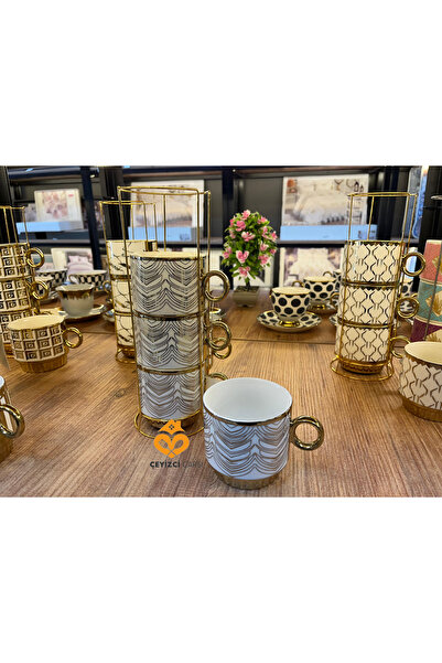 ÇEYİZCİ ÇARŞI ARADIĞIN HERŞEY TEK TIKLA 4 Kişilik Porselen Fincan Takımı – Metal Standlı Şık Kahve & Çay Seti