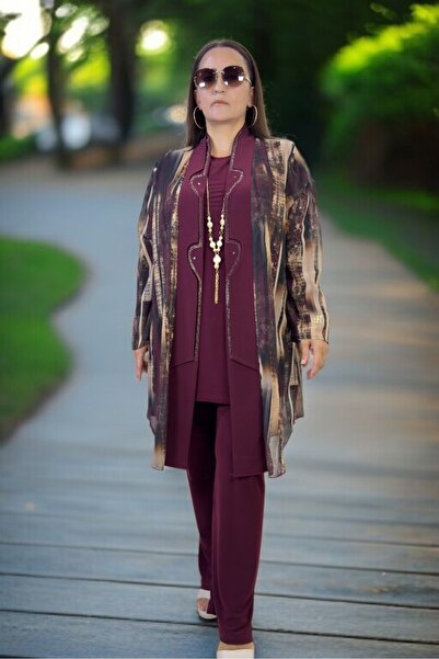 yagmurberen Stone Embroidered Shawl Collar Cut Chifon Jacket Cycling Collar Short Sleeve Bluse Waist Elastic Pants 3-Piece Set