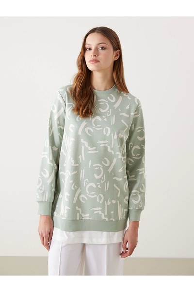 LC Waikiki Lcw Modest Green Crew Neck Print Women's Sweatshirt Tunic