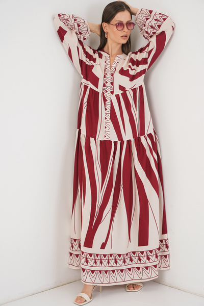 Merterium Women's Patterned Long Hijab Dress Y.Burgundy 1155