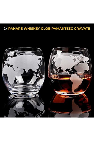Elindor Set de decantoare Whiskey Globe cu 2 pahare gravate, suport din lemn, transparent