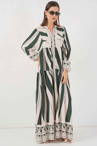 Merterium Women's Patterned Long Hijab Dress A.Sapphire Green 1155