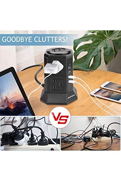 BEPITECH 12-in-1 Power Tower Extension Cord with 3M Cable, 8 UK-UAE Sockets, 4 USB-A 22W Charging Po