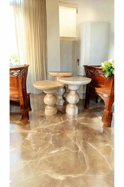 Simillo Home&Living Şık Masif Ahşap Mantar Sehpa 3’lü Set – Doğal Naturel Ren...