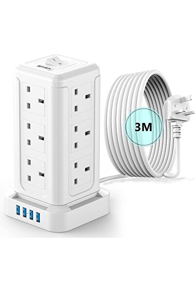 BEPITECH 3-Meter Power Extension Cord Tower, 12 Power Sockets 2500W with 4 Smart USB Slots Charging