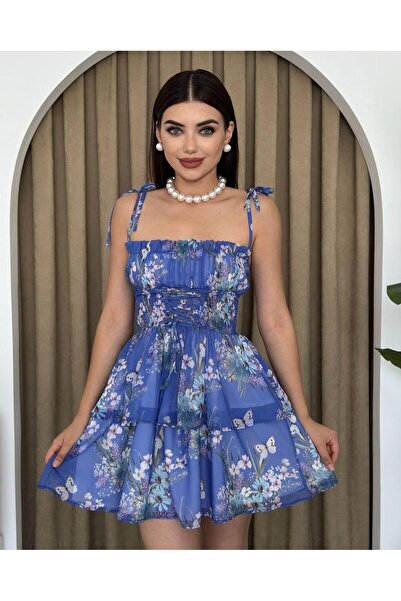 Pinella Butik Askılı Çiçek Mini Elbise 1115 - Mavi
