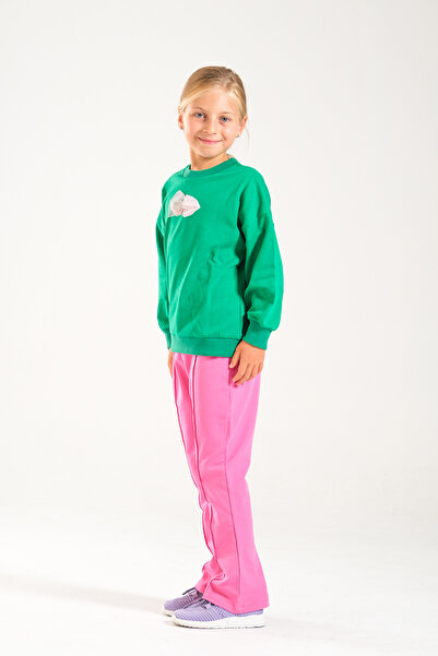 Classio Kids Girl's 100% Cotton Owersize Sweat and Lycra Two Thread Grass Detail Pants Set