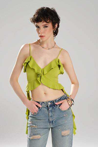 tw3 Women's Strap Ruffle Detailed Design Crop Blouse