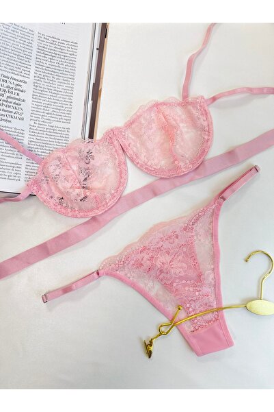 kiari Lace Underwire Uncovered Balconette Bra Thong Underwear Set