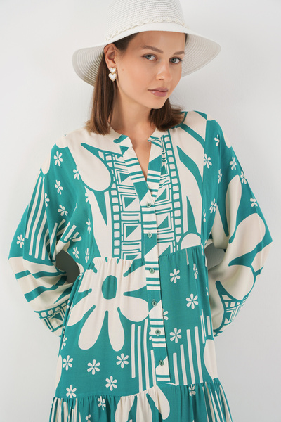 Merterium Women's Patterned Long Hijab Dress E.Mint 1155