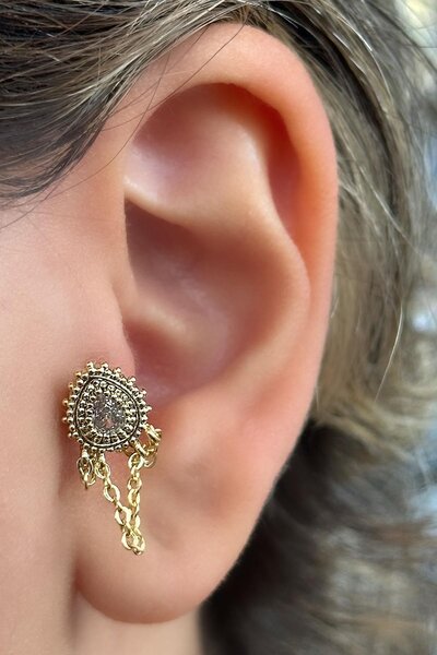 TAKIŞTIR Altın Renk Taş Detaylı Çelik Tragus/Kıkırdak Küpe/Piercing (Tek)