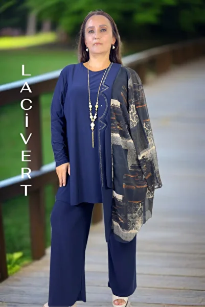 yagmurberen Stone Embroidered Shawl Collar Cut Chifon Jacket Cycling Collar Short Sleeve Bluse Waist Elastic Pants 3-Piece Set