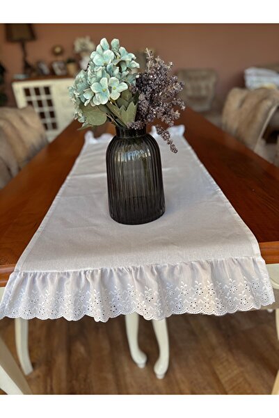 NURGİTA HOME Ucu Duck Keten Fırfırlı Fisto Runner (BEYAZ 40x115 cm)