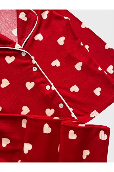 tusem butik homewear Kız Çocuk Pamuklu Süet Kumaş Kırmızı Kalp Desenli Uyku Bantlı Uzun Kollu Pijama Takımı